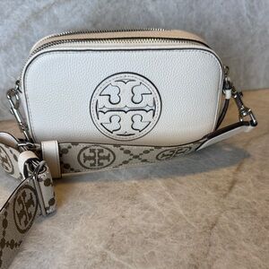 Tory Burch Ivory Crossbody Bag with Logo Strap